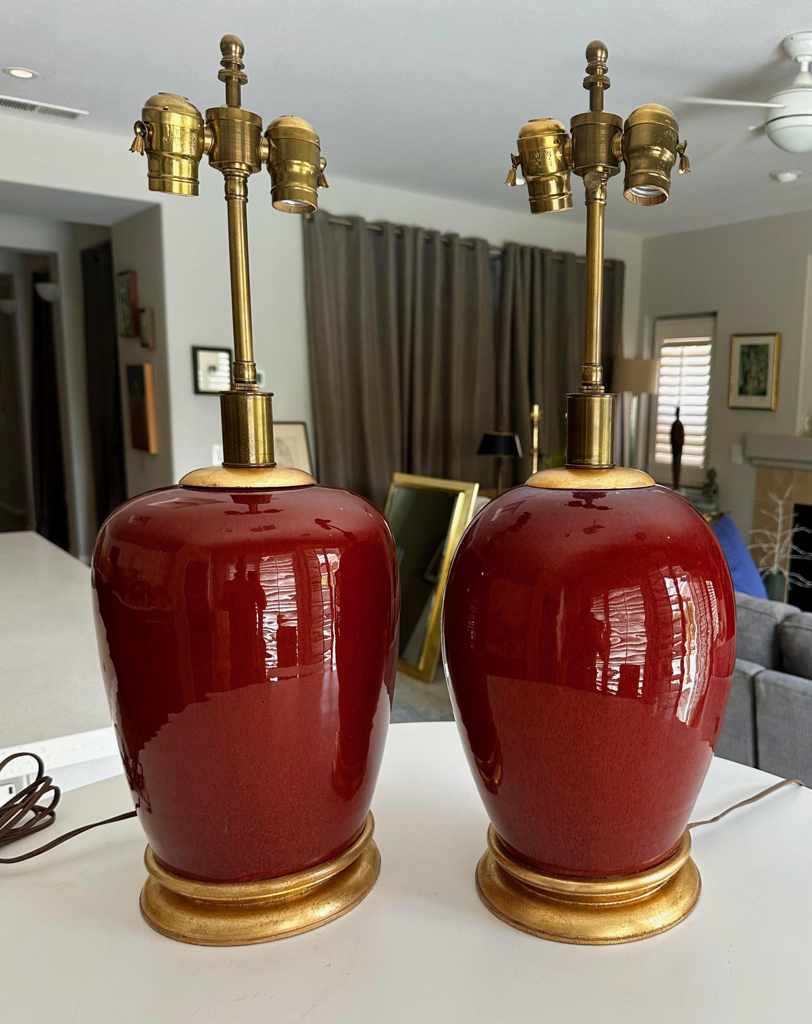 Pair 19th Century Chinese Sang De Boeuf Oxblood Porcelain Table Lamps 2