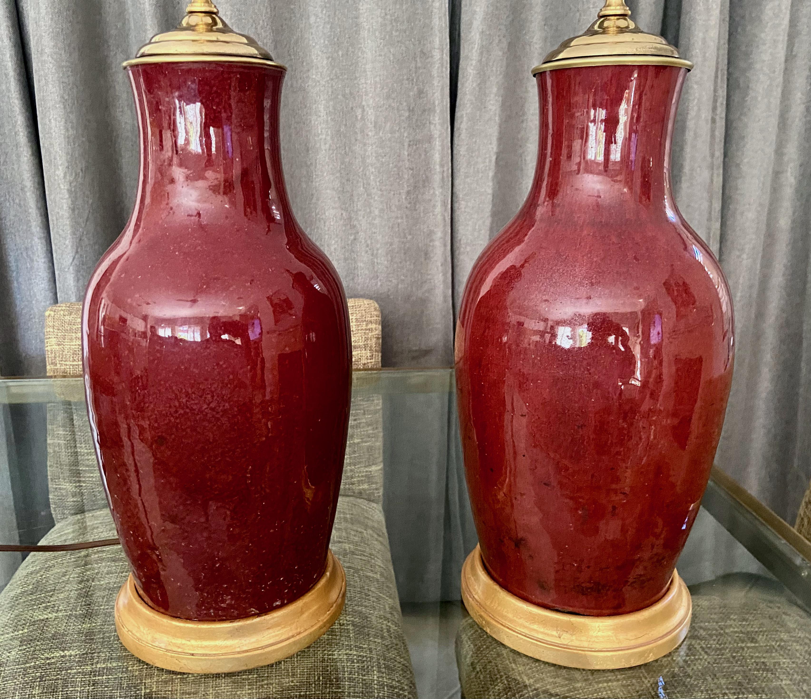 Pair 19th Century Chinese Sang De Boeuf Oxblood Porcelain Table Lamps 3