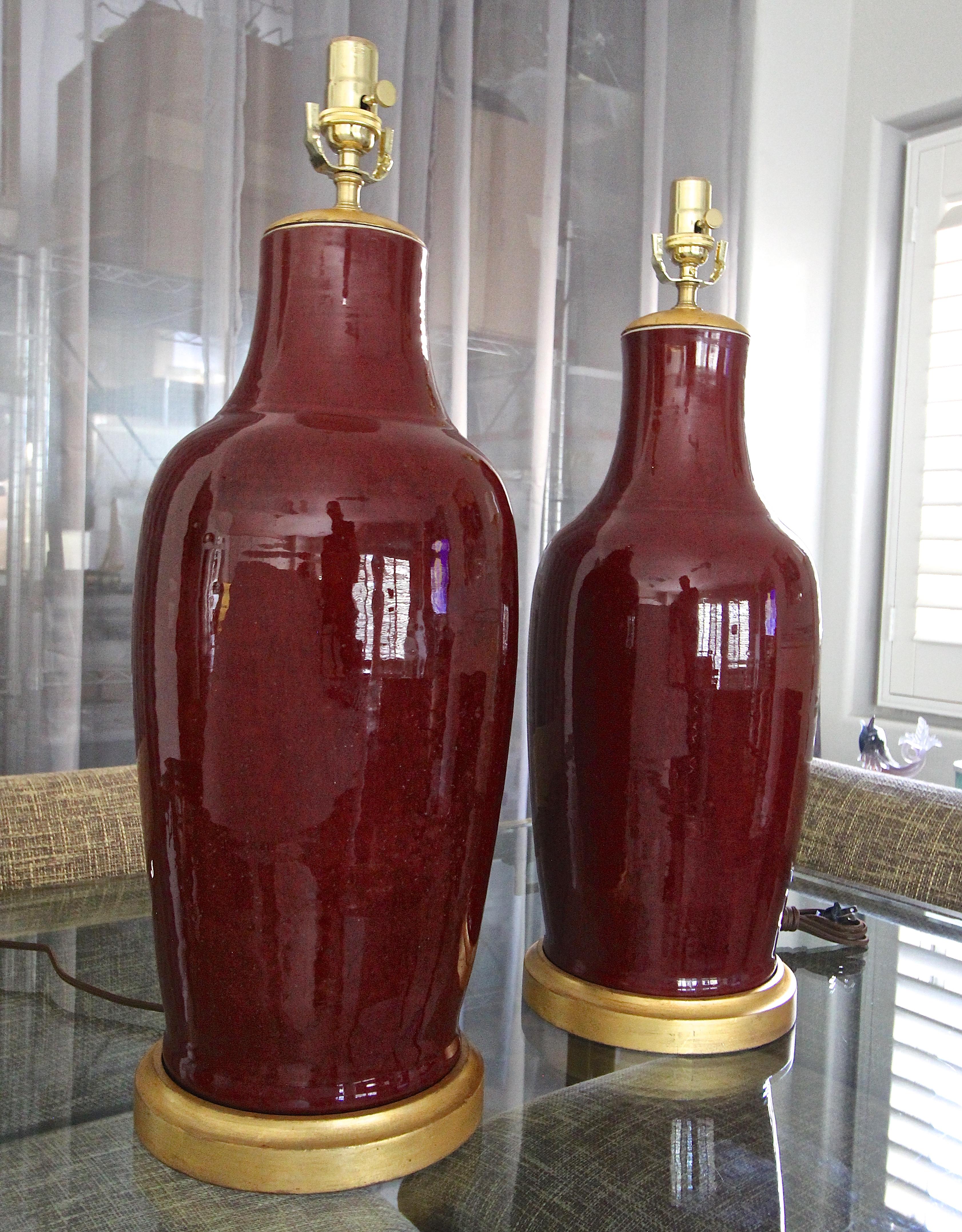 Pair 19th Century Chinese Sang De Boeuf Oxblood Porcelain Table Lamps 5