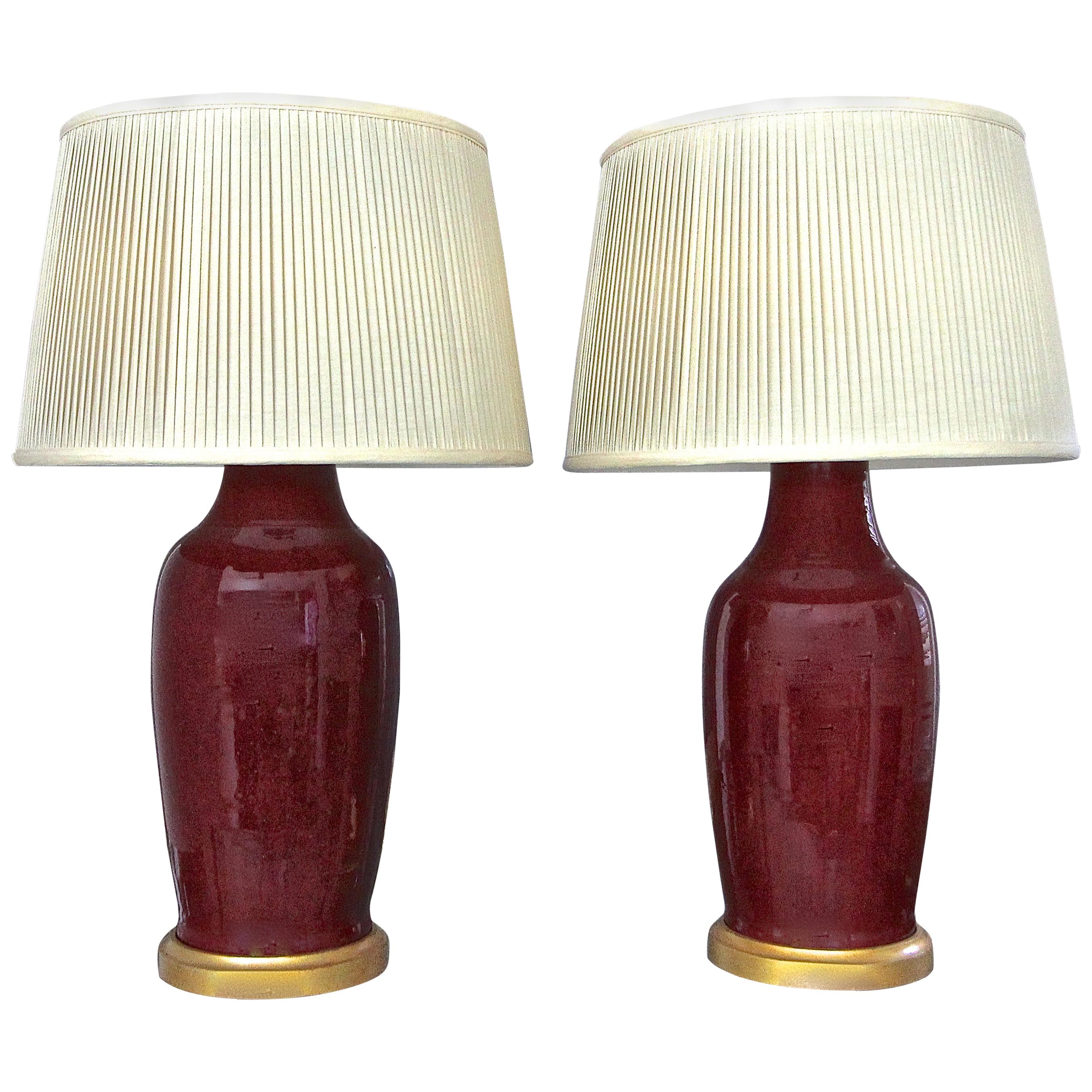 Pair 19th Century Chinese Sang De Boeuf Oxblood Porcelain Table Lamps