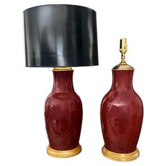 Antique Pair 19th Century Chinese Sang De Boeuf Oxblood Porcelain Table Lamps