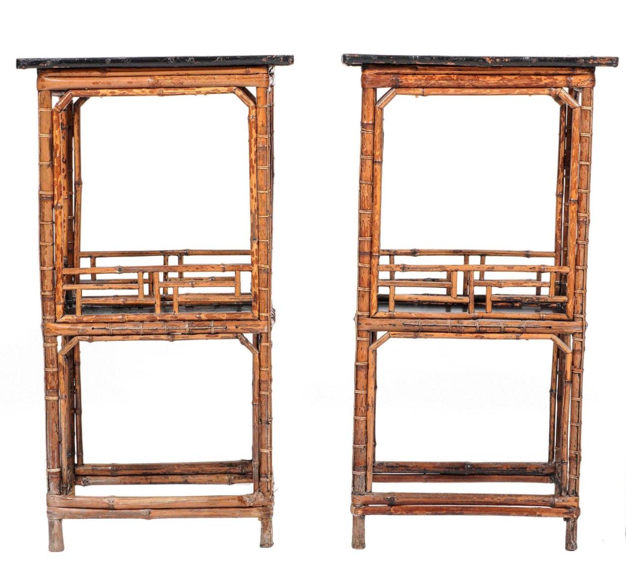 Pair 19th century Chinese tall bamboo side tables. Chinese side tables, finished on all 4 sides, 19th century, lacquered bamboo structure and lacquered wood top. Perfect as a pair of side tables or used as pedestals for display purposes. They will