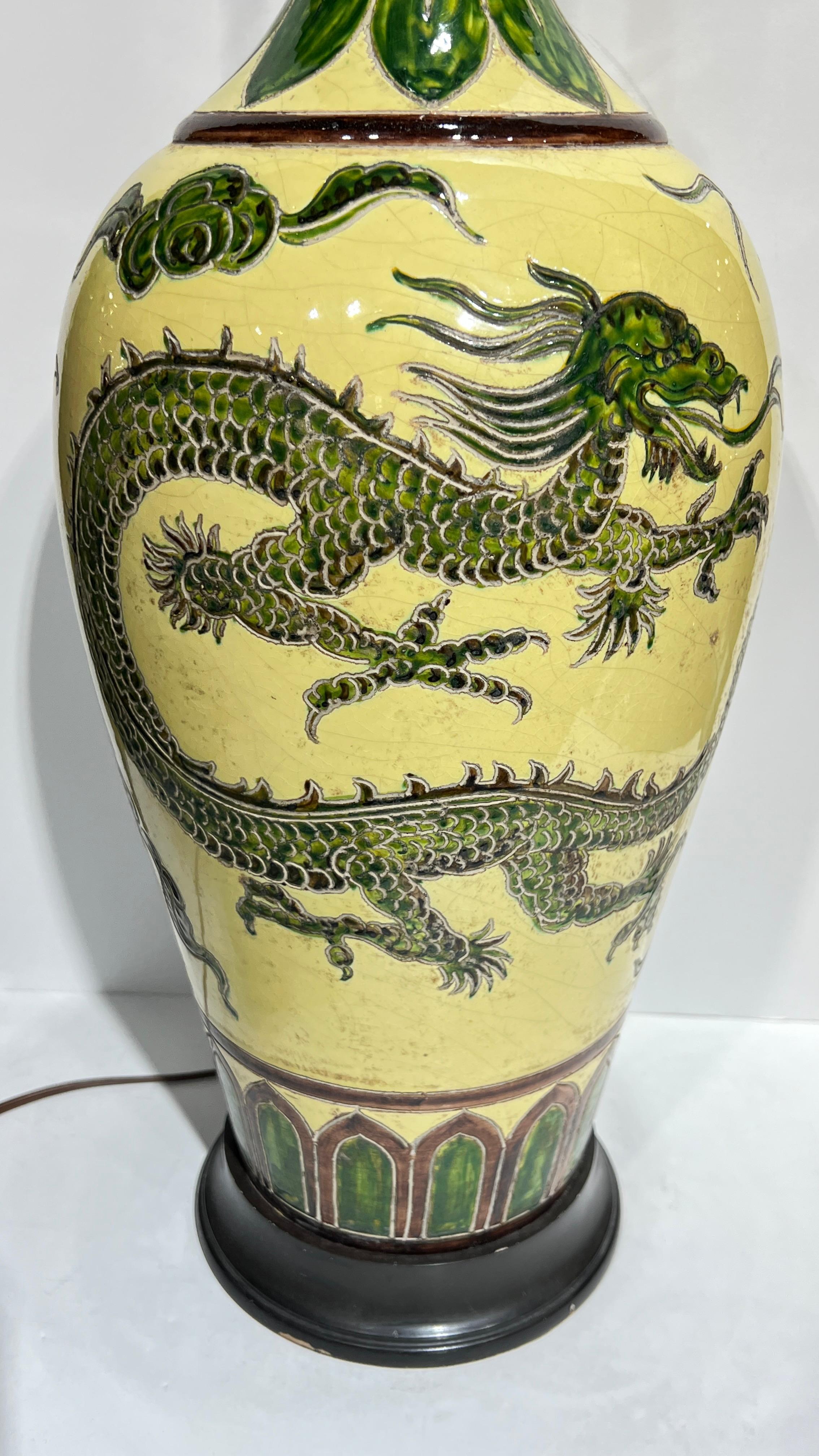 Ceramic Pair 19th Century Chinese Yellow Glazed Dragon Vases Mounted as Table Lamps For Sale