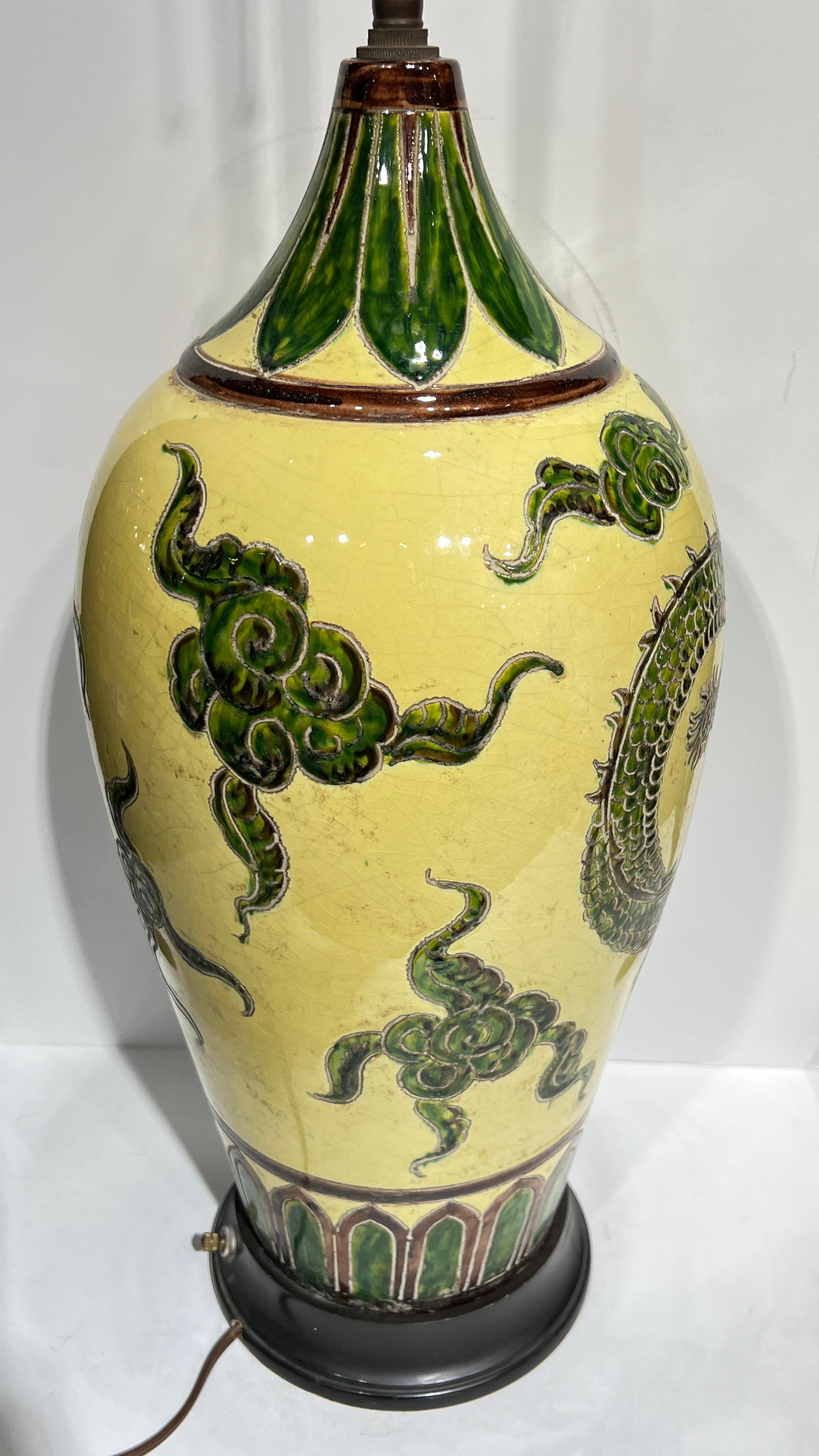 Pair 19th Century Chinese Yellow Glazed Dragon Vases Mounted as Table Lamps For Sale 2