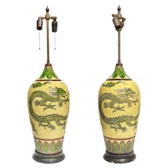 Pair 19th Century Chinese Yellow Glazed Dragon Vases Mounted as Table Lamps