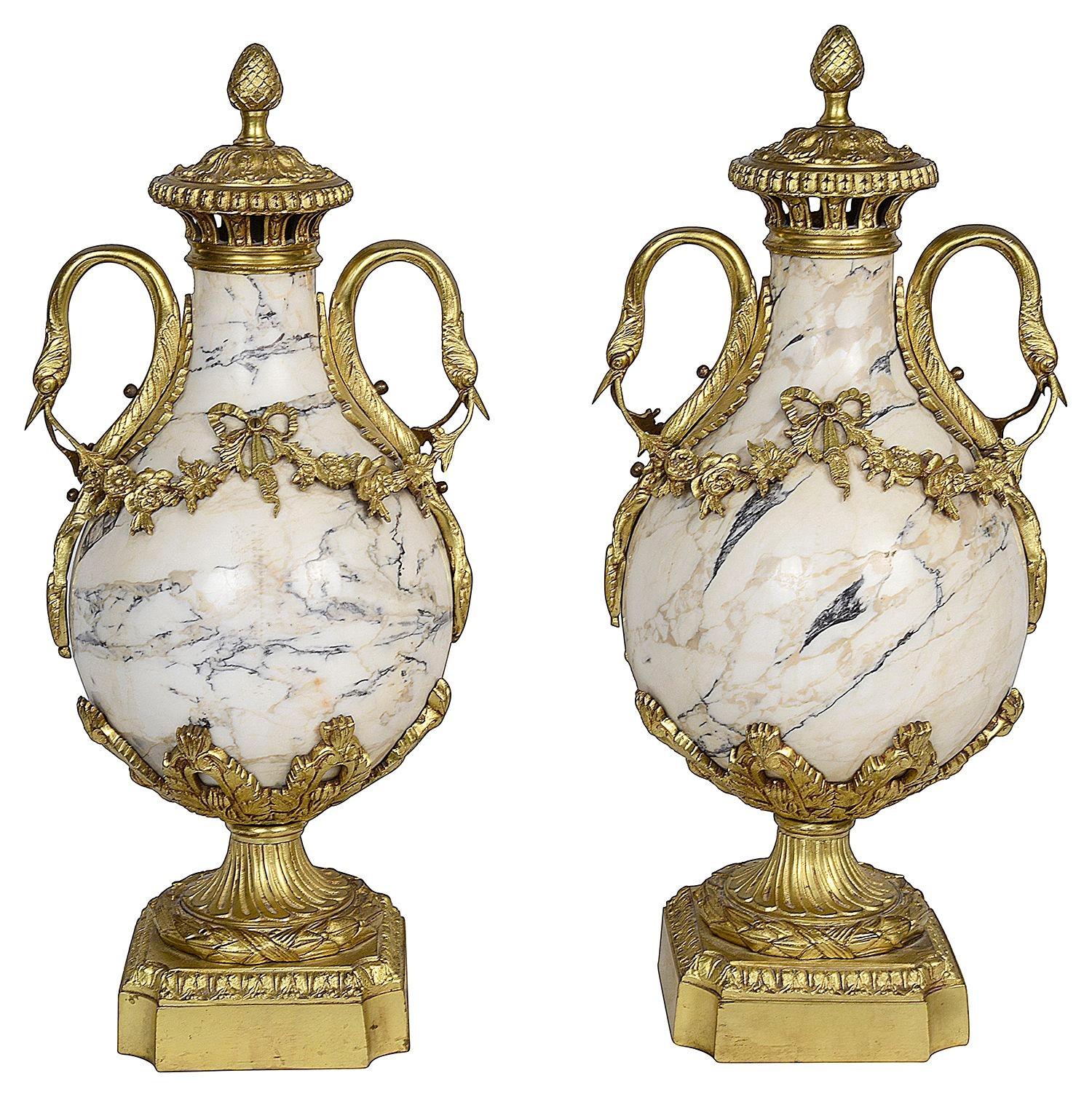 Pair 19th Century Classical marble and ormolu urns. In Good Condition For Sale In Brighton, Sussex