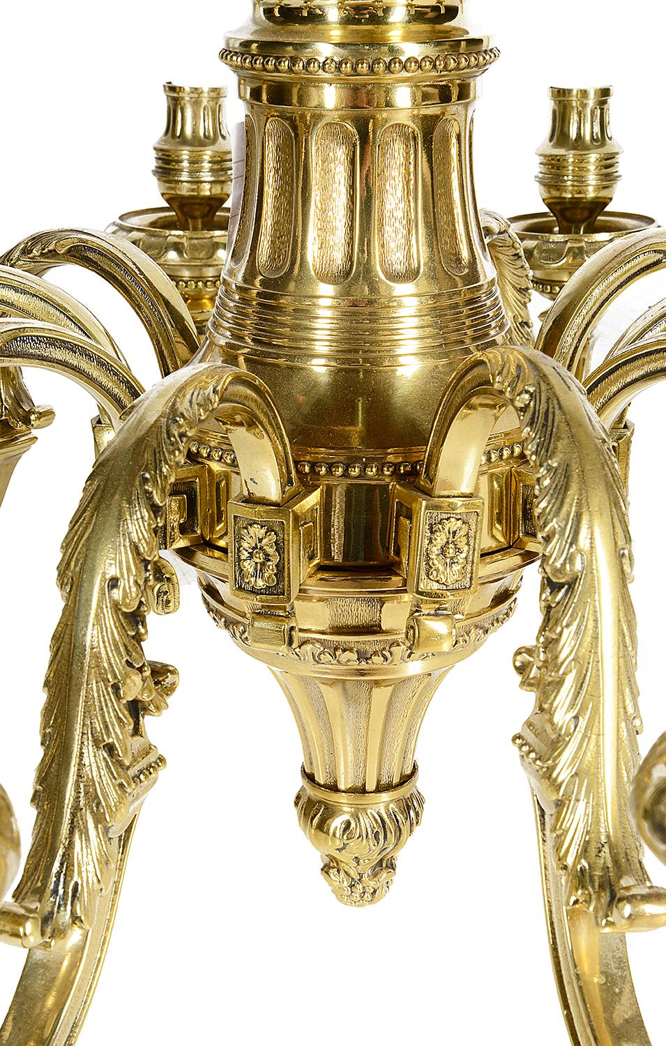 Polished Pair of 19th Century Classical Ormolu Chandeliers For Sale