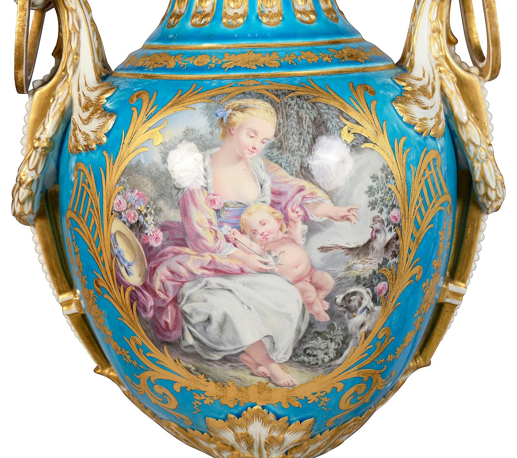 French Pair 19th Century classical Sevres style lidded vases. For Sale