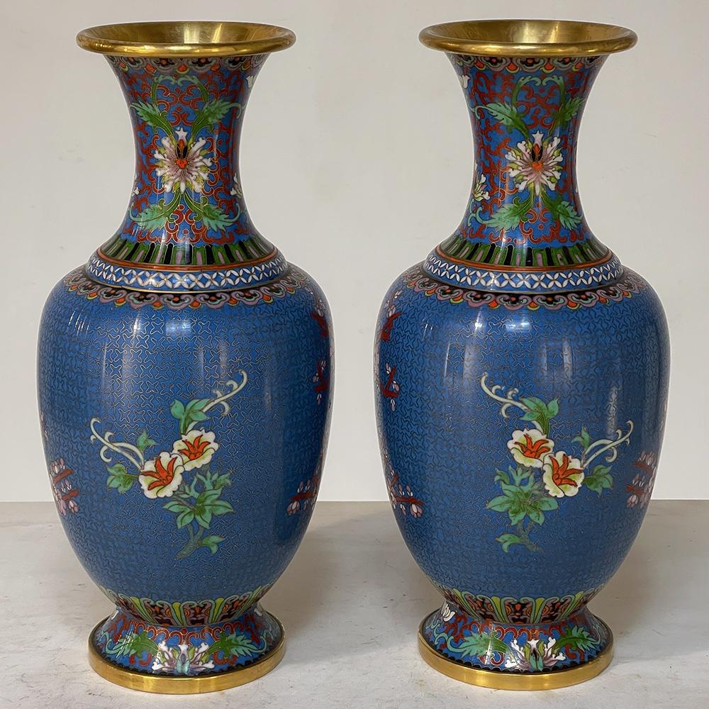 Hand-Crafted Pair 19th Century Cloisonne Vases For Sale