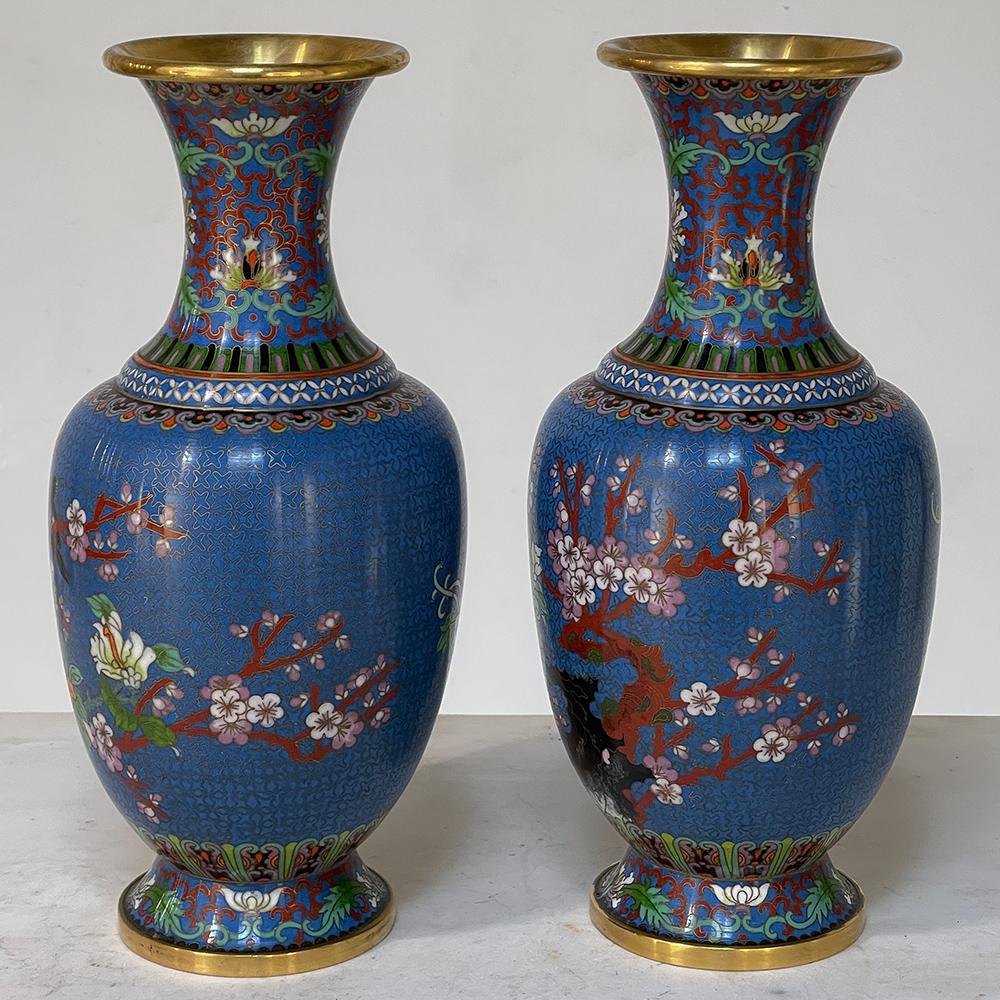 Pair 19th Century Cloisonne Vases In Good Condition For Sale In Dallas, TX