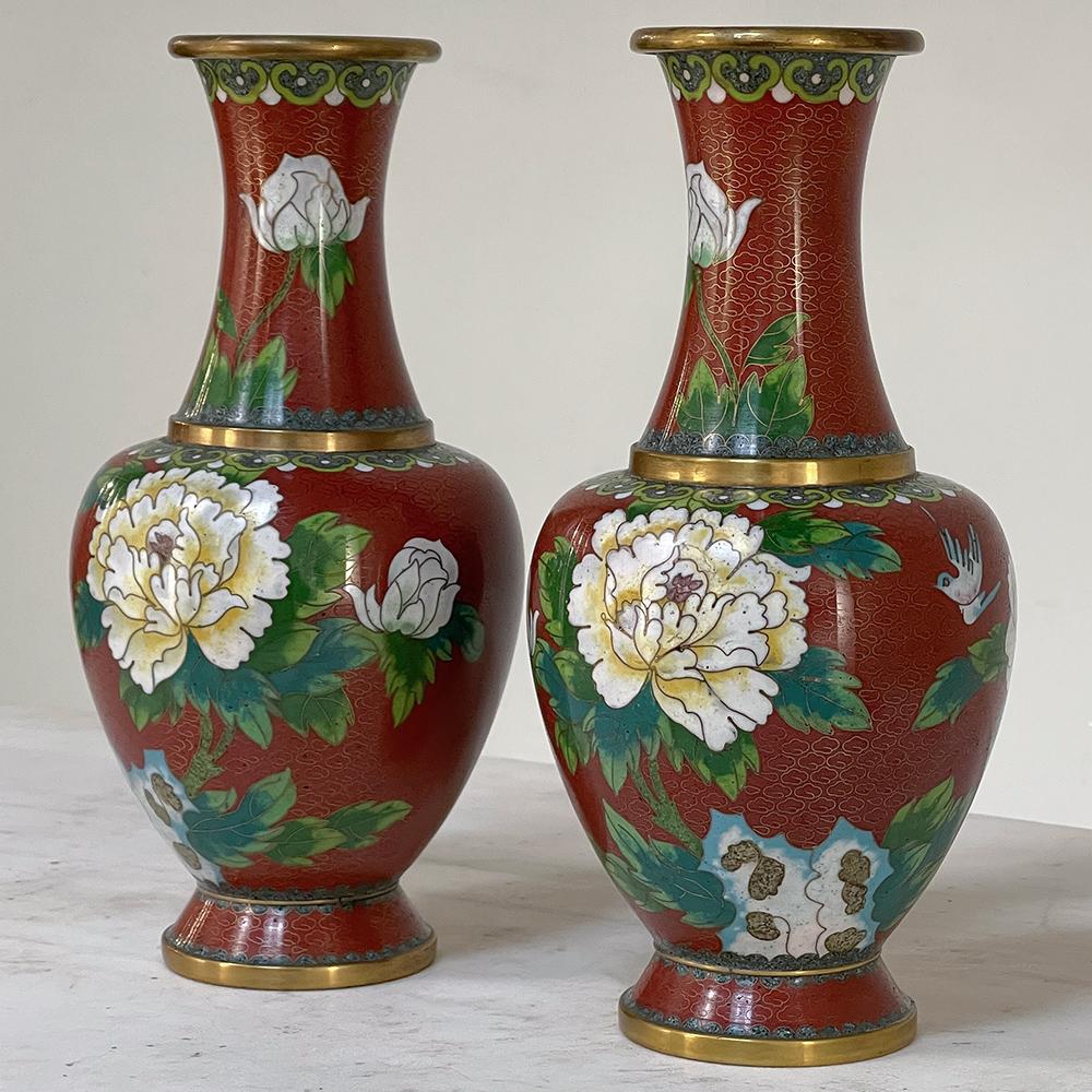Chinese Export Pair 19th Century Cloissone Vases For Sale