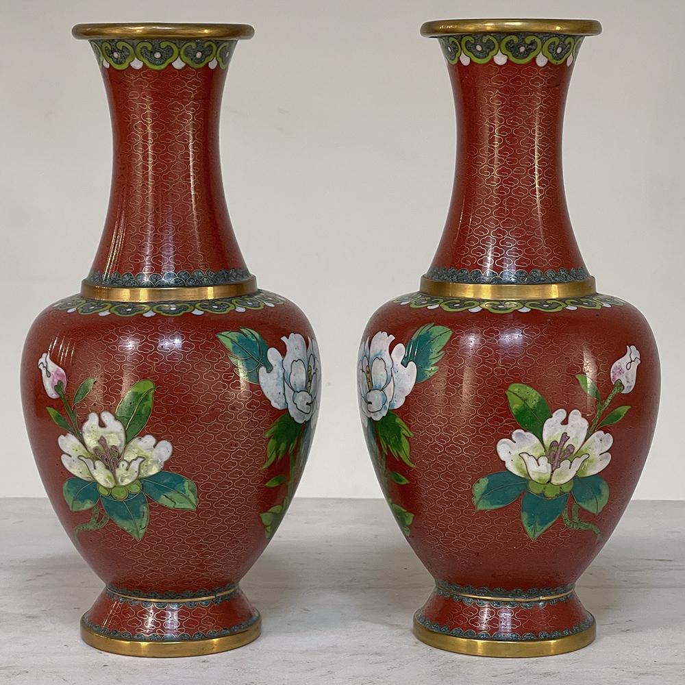 Hand-Crafted Pair 19th Century Cloissone Vases For Sale