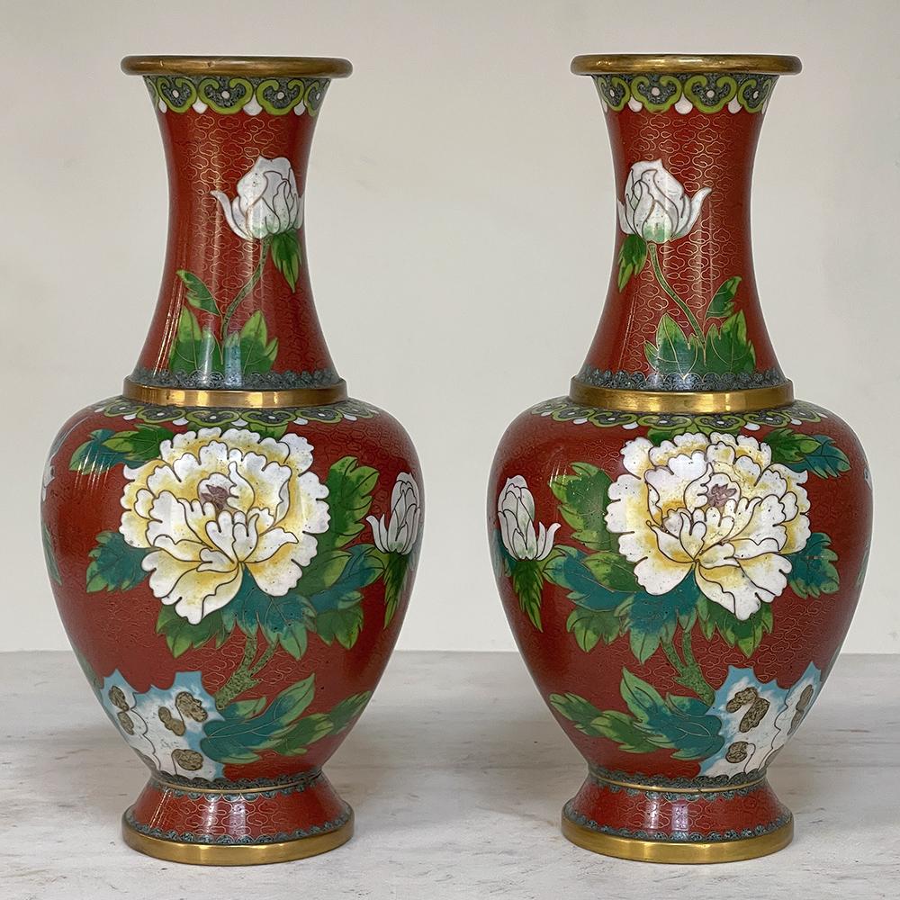 Brass Pair 19th Century Cloissone Vases For Sale