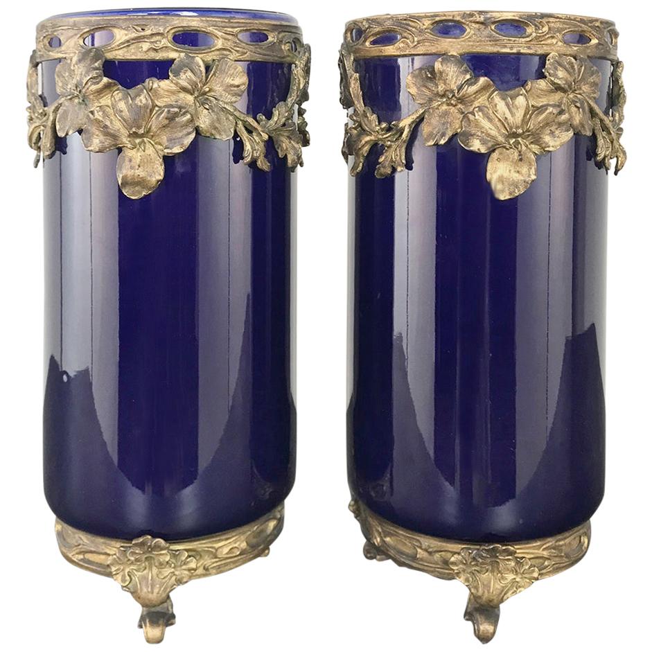 Pair of 19th Century Cobalt Porcelain and Bronze Vases