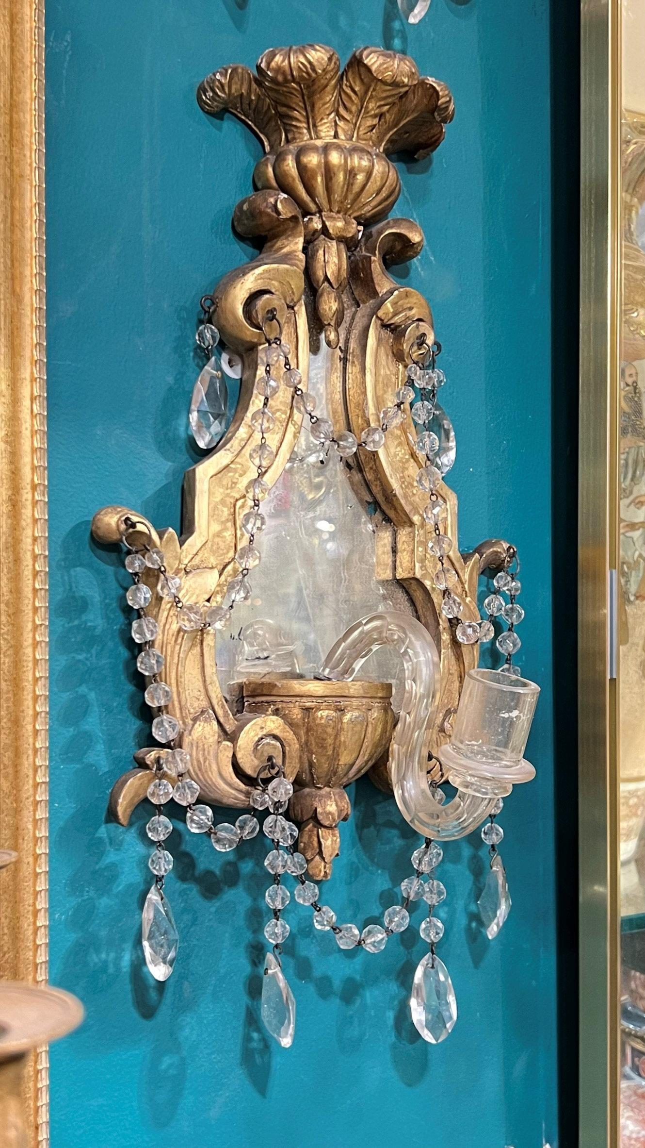Pair 19th Century Continental Giltwood and Glass Girandole Sconces In Good Condition In New York, NY
