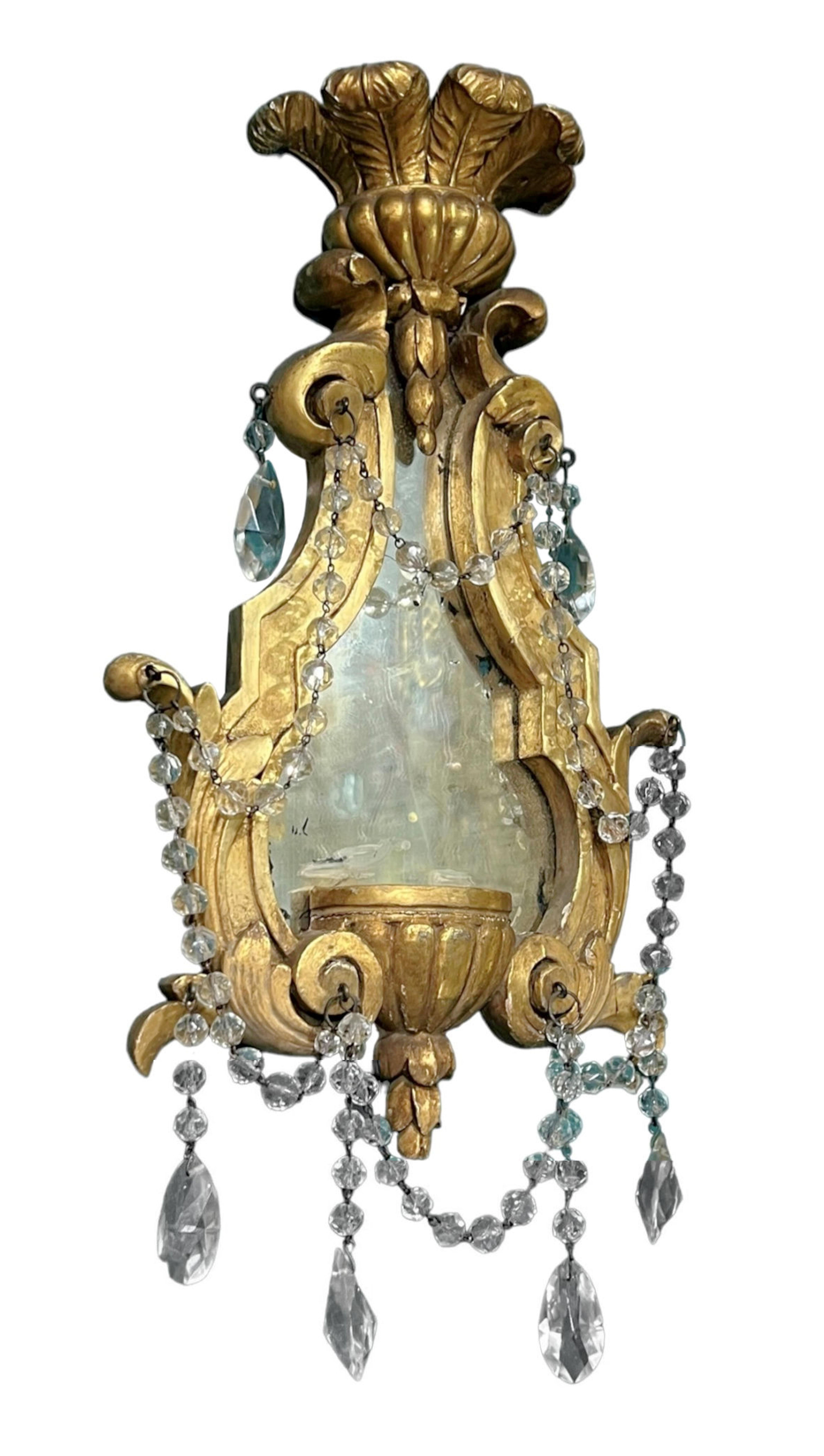 Pair 19th Century Continental Giltwood and Glass Girandole Sconces 1