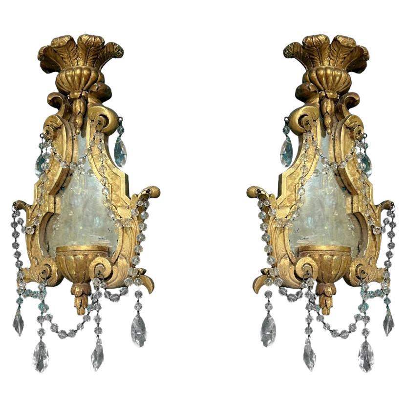 Pair 19th Century Continental Giltwood and Glass Girandole Sconces