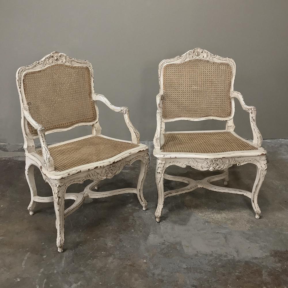 Louis XV Pair of 19th Century Country French Caned Painted Armchairs