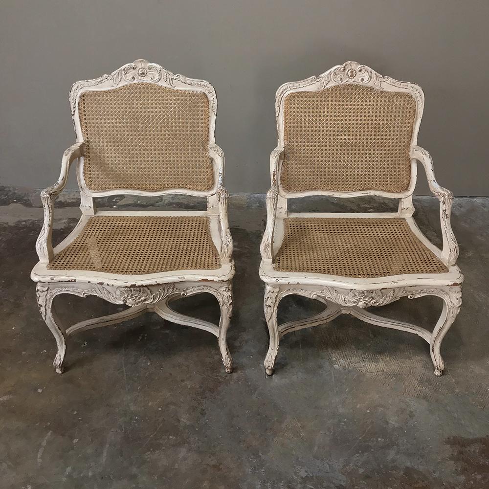 Hand-Carved Pair of 19th Century Country French Caned Painted Armchairs