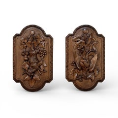 Pair 19th Century Country French Hunt Style Hand-Carved Oak Plaques