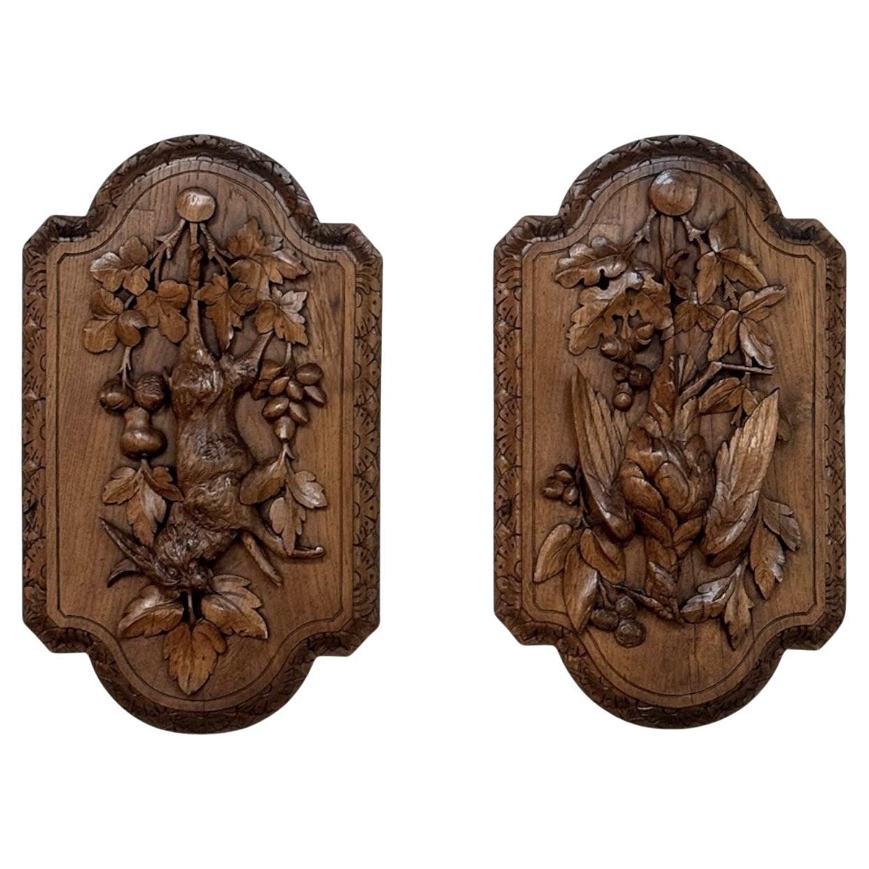Pair 19th Century Country French Hunt Style Hand-Carved Oak Plaques