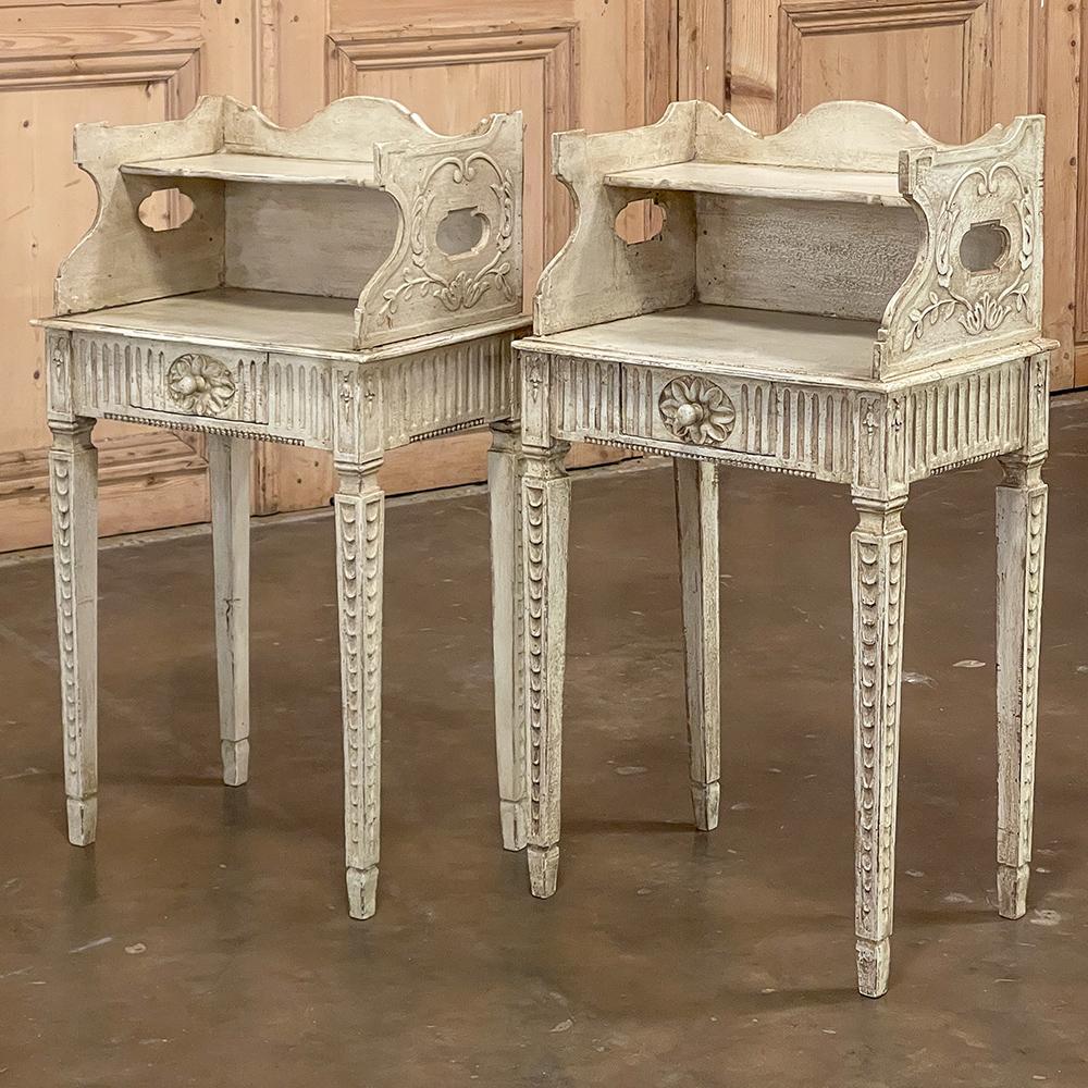 Hand-Carved Pair 19th Century Country French Louis XVI Painted Nightstands For Sale