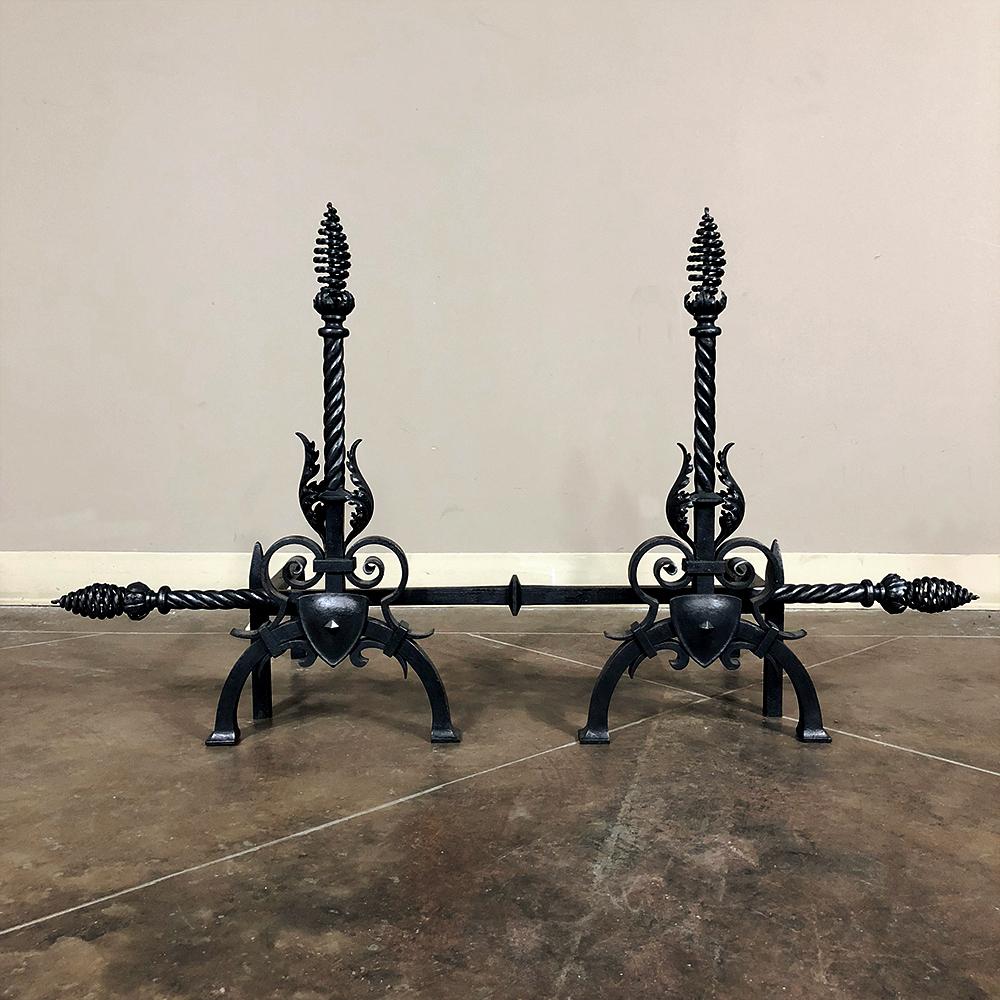 Louis XIV Pair 19th Century Country French Wrought Iron Andirons For Sale