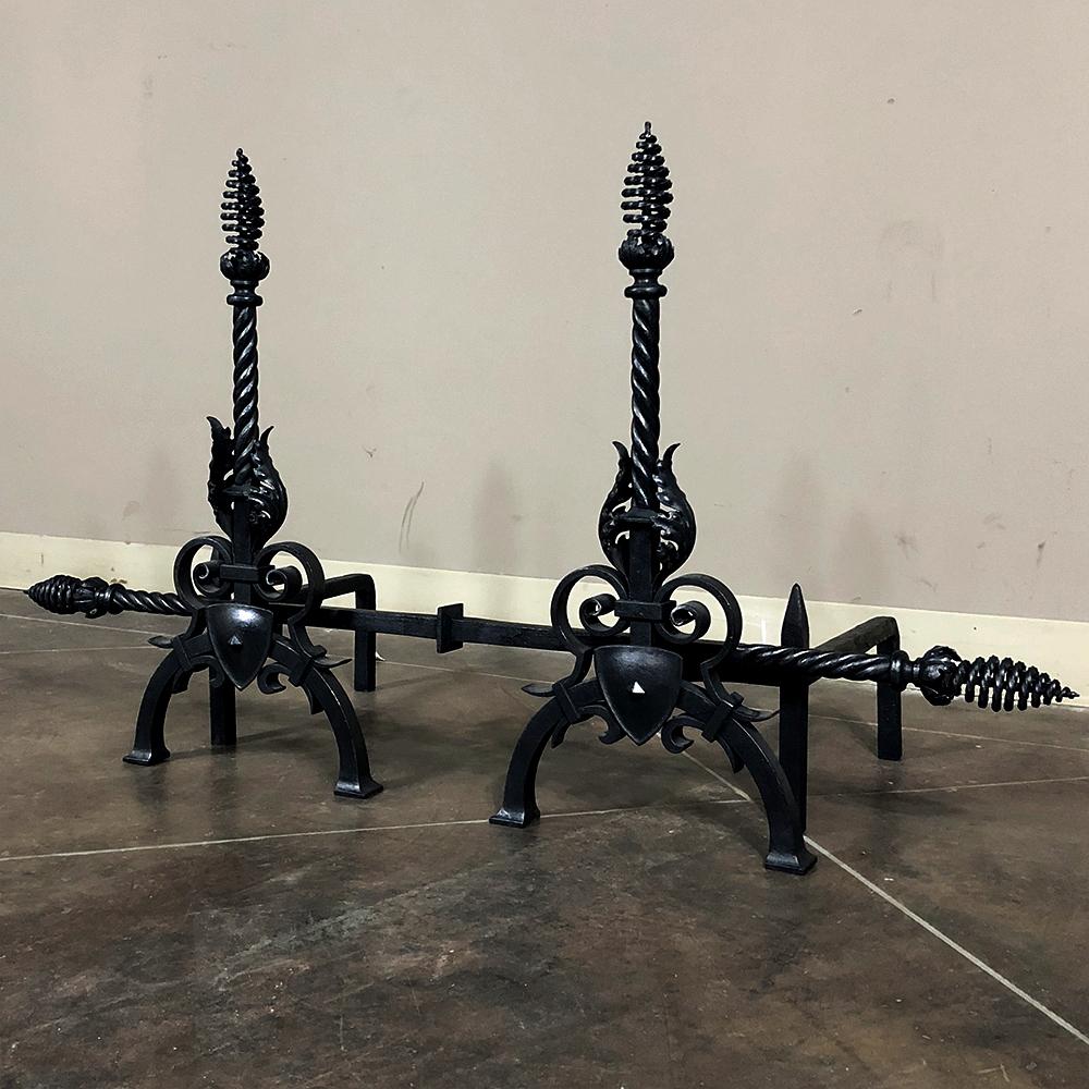 Hand-Crafted Pair 19th Century Country French Wrought Iron Andirons For Sale
