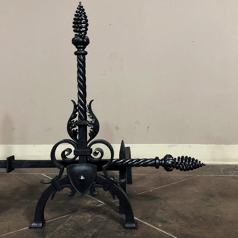 Pair 19th Century Country French Wrought Iron Andirons For Sale 2