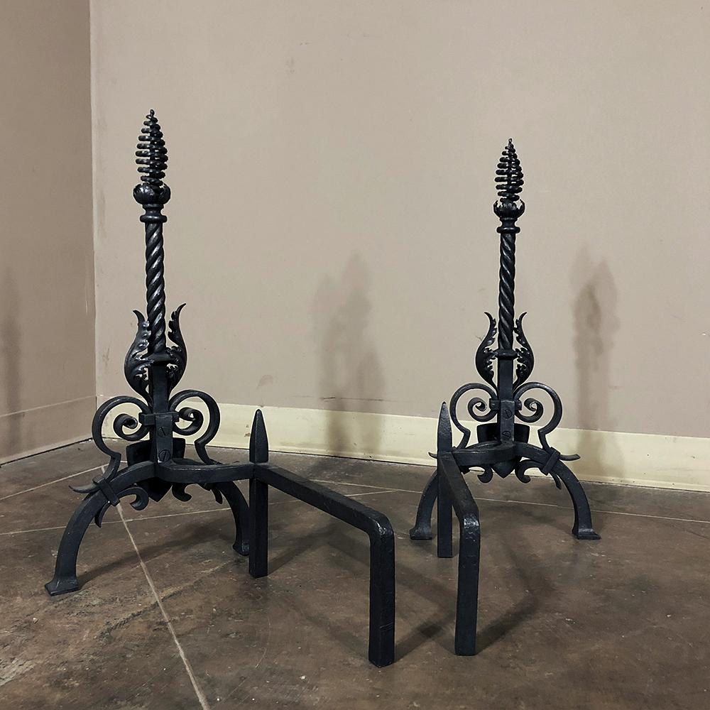 Pair 19th Century Country French Wrought Iron Andirons For Sale 4