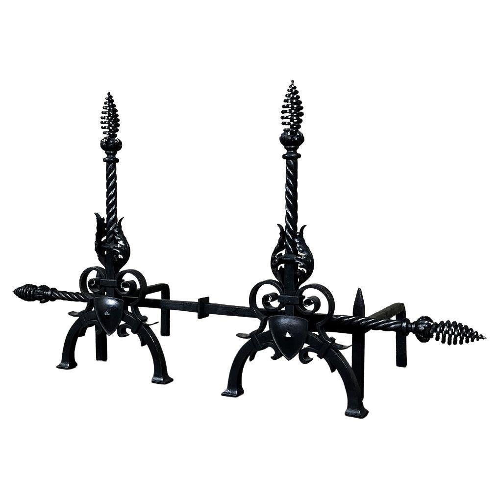 Pair 19th Century Country French Wrought Iron Andirons For Sale