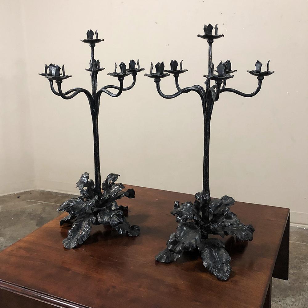 Rustic Pair of 19th Century Country French Wrought Iron Candelabra