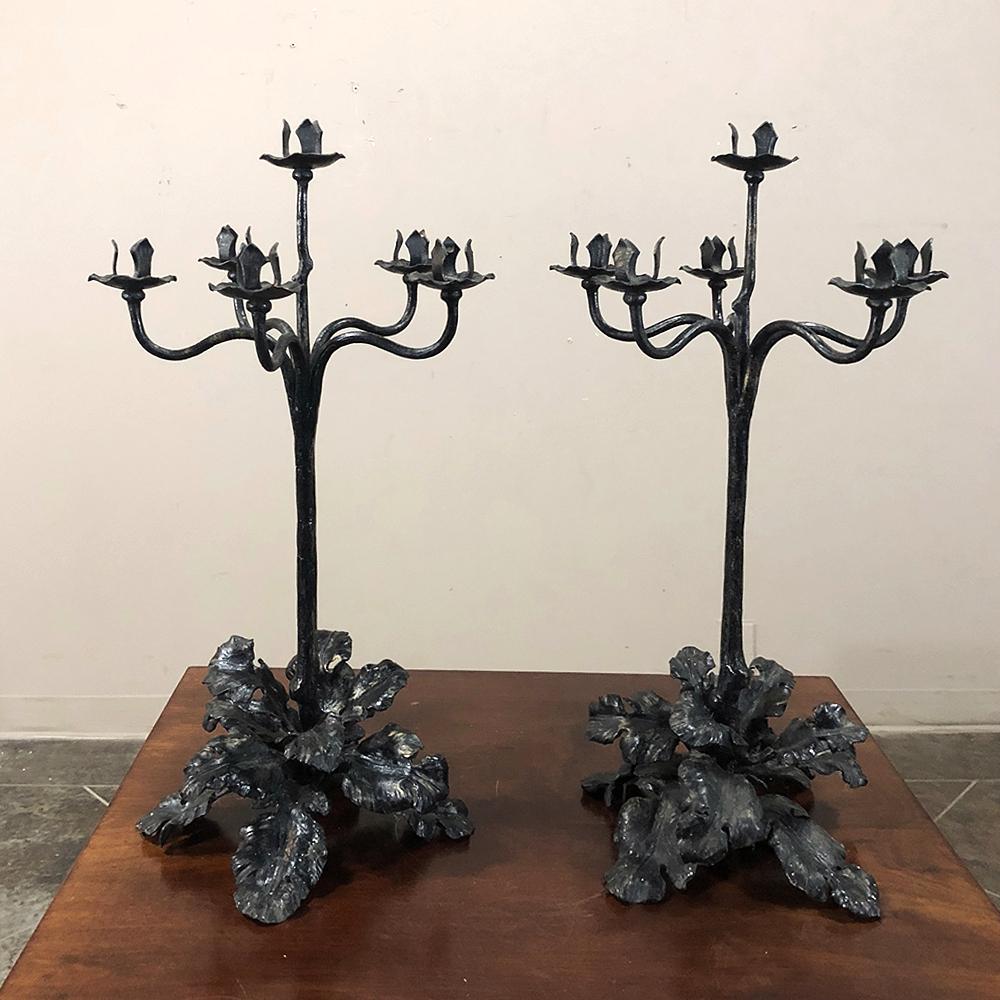 Hand-Crafted Pair of 19th Century Country French Wrought Iron Candelabra