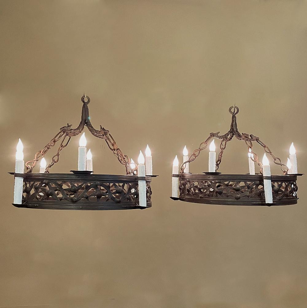 Hand-Crafted Pair 19th Century Country French Wrought Iron Chandeliers For Sale