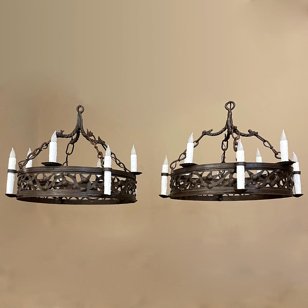 Pair 19th Century Country French Wrought Iron Chandeliers For Sale 1