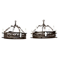 Pair 19th Century Country French Wrought Iron Chandeliers