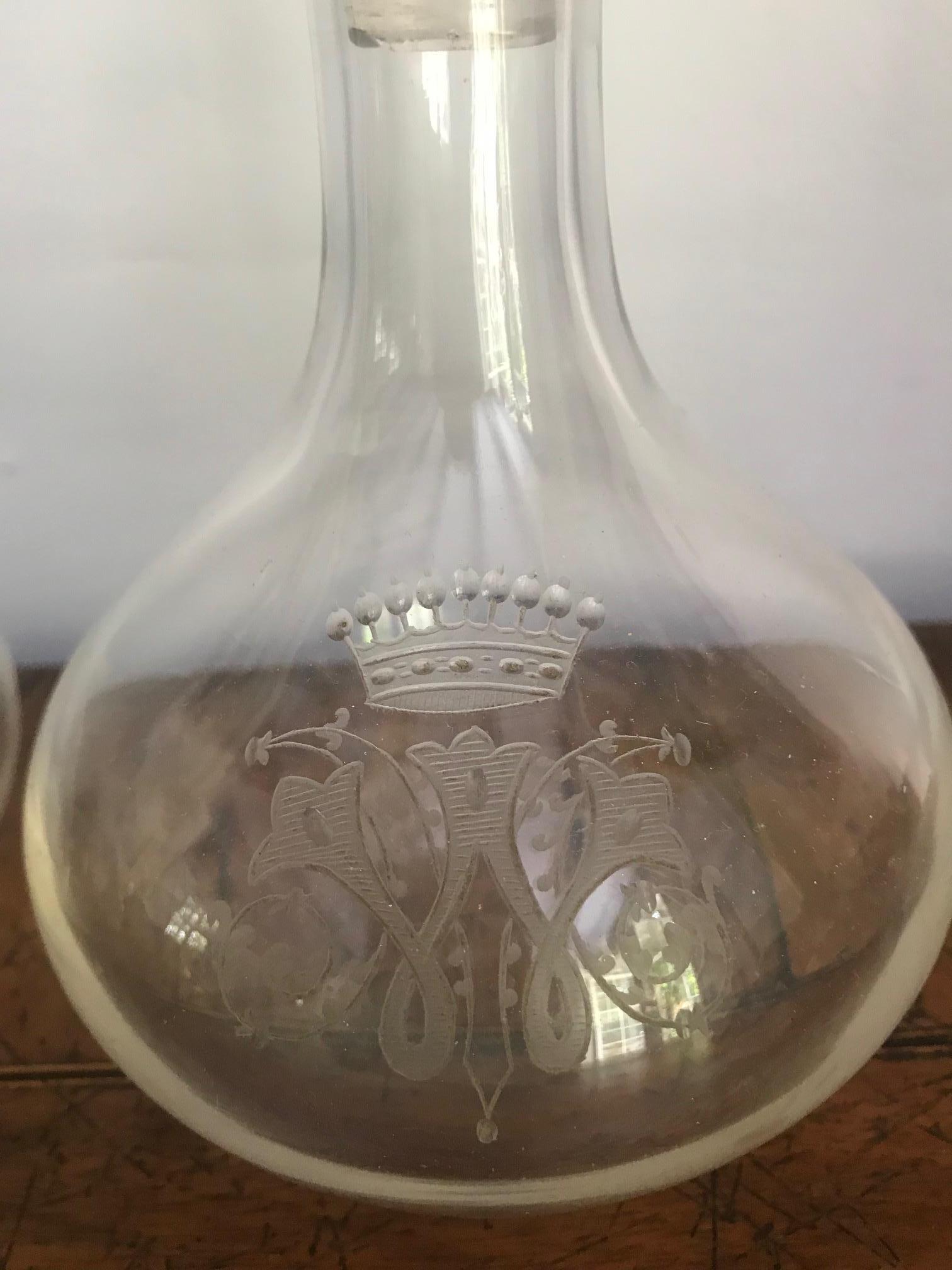 French Pair of 19th Century Crystal Carafes/Decanters For Sale