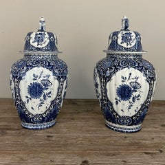 Pair 19th Century Delft Blue & White Lidded Urns