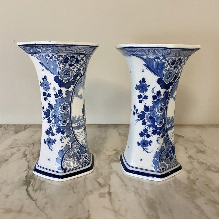 Pair of 19th Century Delft Blue and White Vases For Sale at 1stDibs