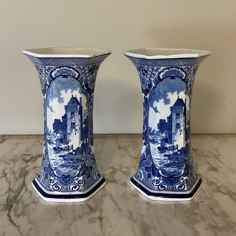 Pair of 19th Century Delft Blue and White Vases For Sale at 1stDibs