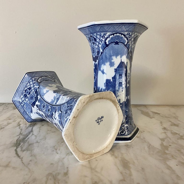Pair of 19th Century Delft Blue and White Vases For Sale at 1stDibs