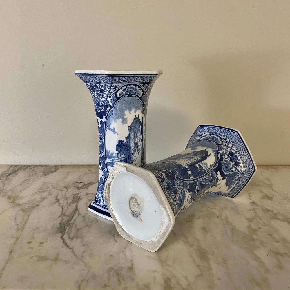 Porcelain Pair of 19th Century Delft Blue and White Vases For Sale