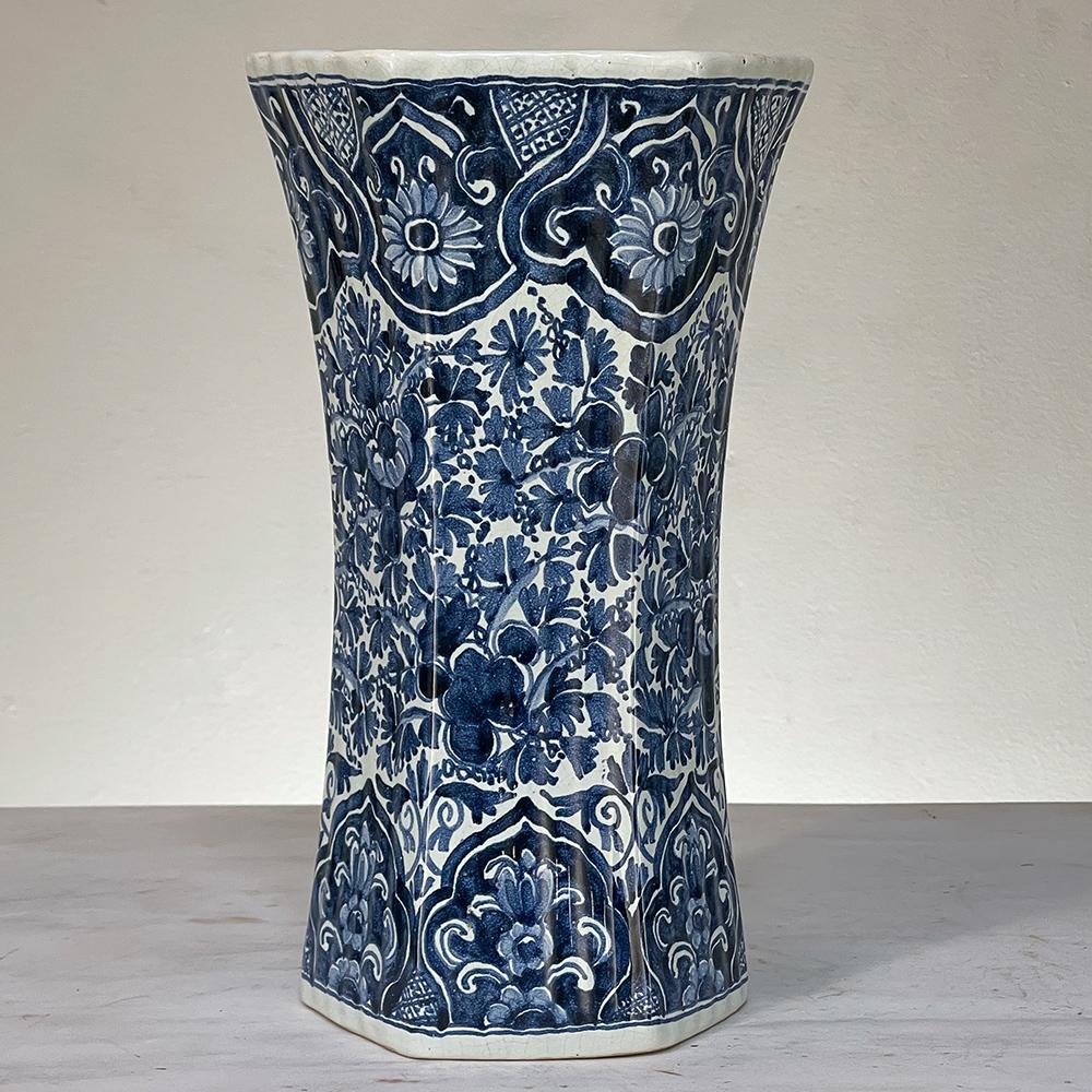 Pair 19th Century Delft Hand-Painted Blue & White Vases For Sale 2