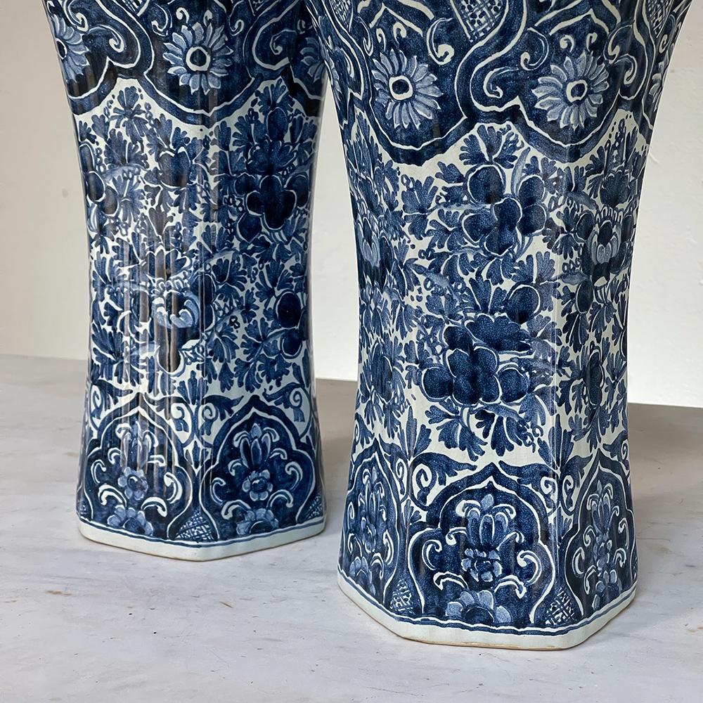 Pair 19th Century Delft Hand-Painted Blue & White Vases For Sale 6
