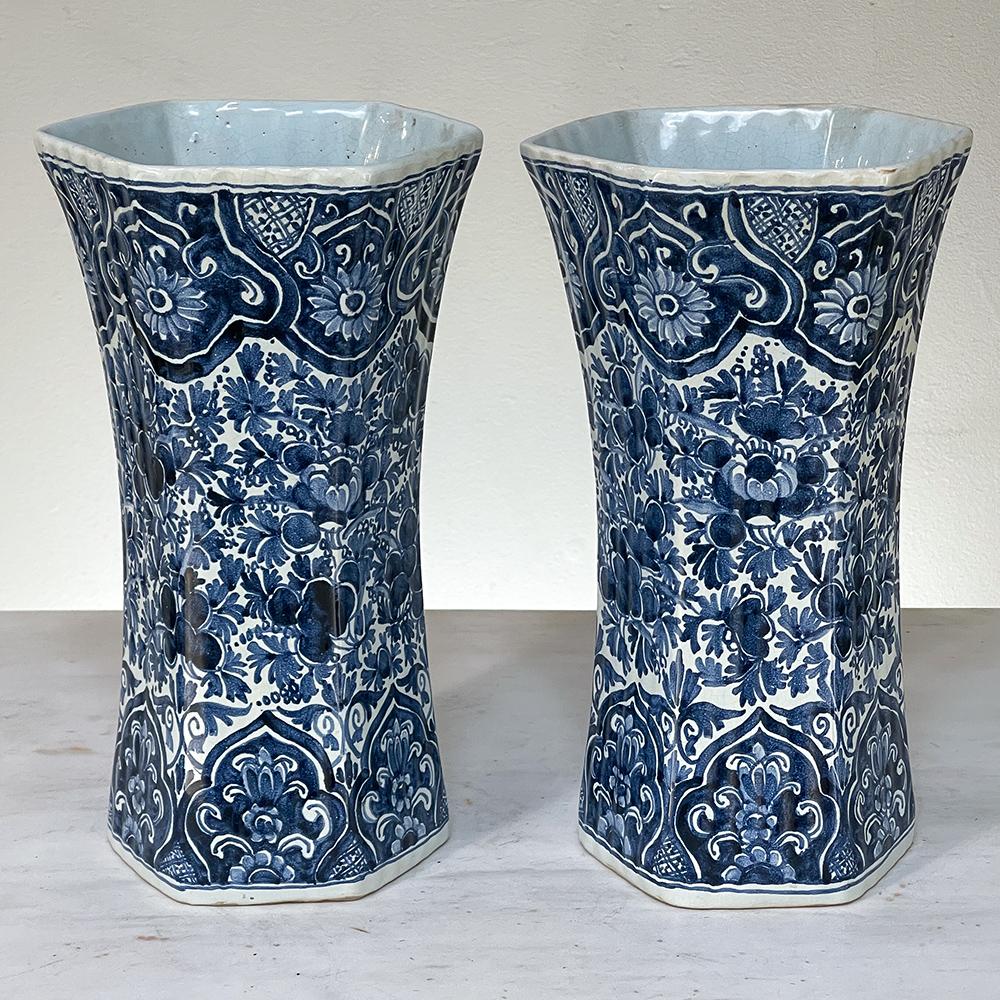 Belle Époque Pair 19th Century Delft Hand-Painted Blue & White Vases For Sale