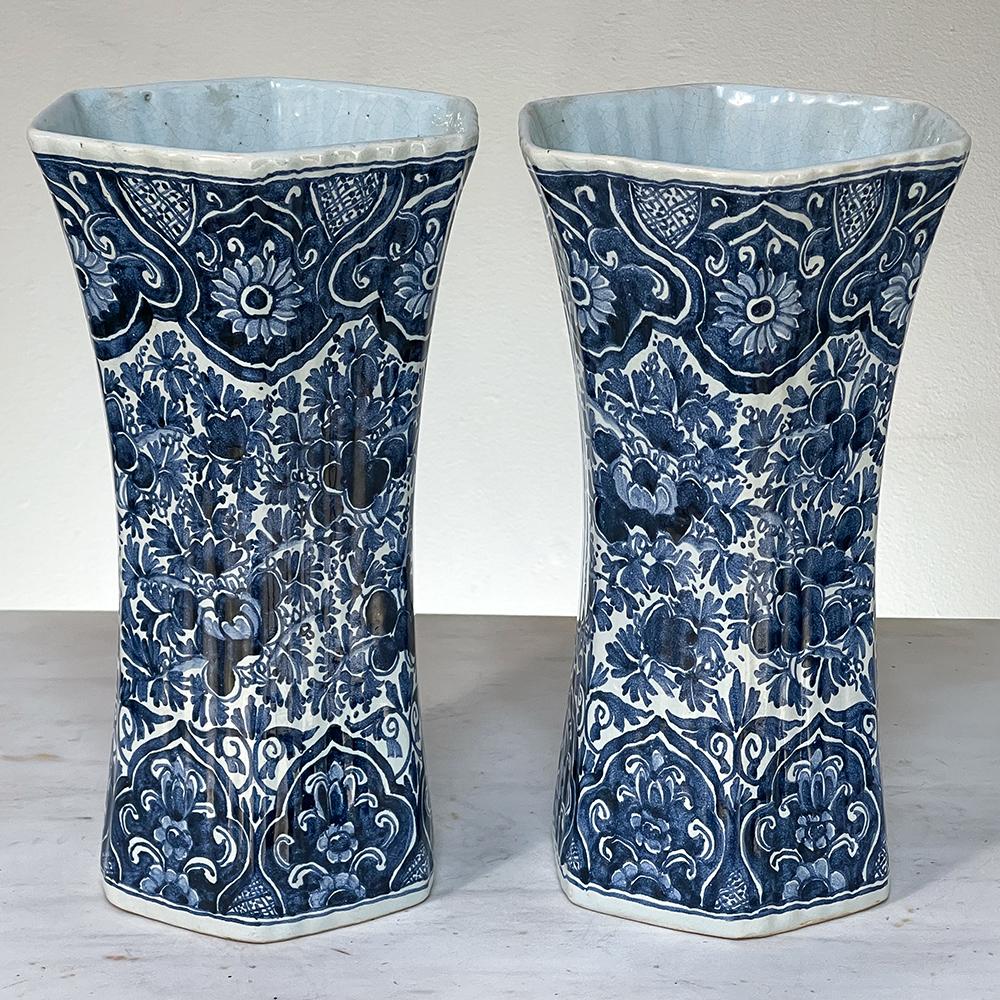 Belle Époque Pair 19th Century Delft Hand-Painted Blue & White Vases For Sale