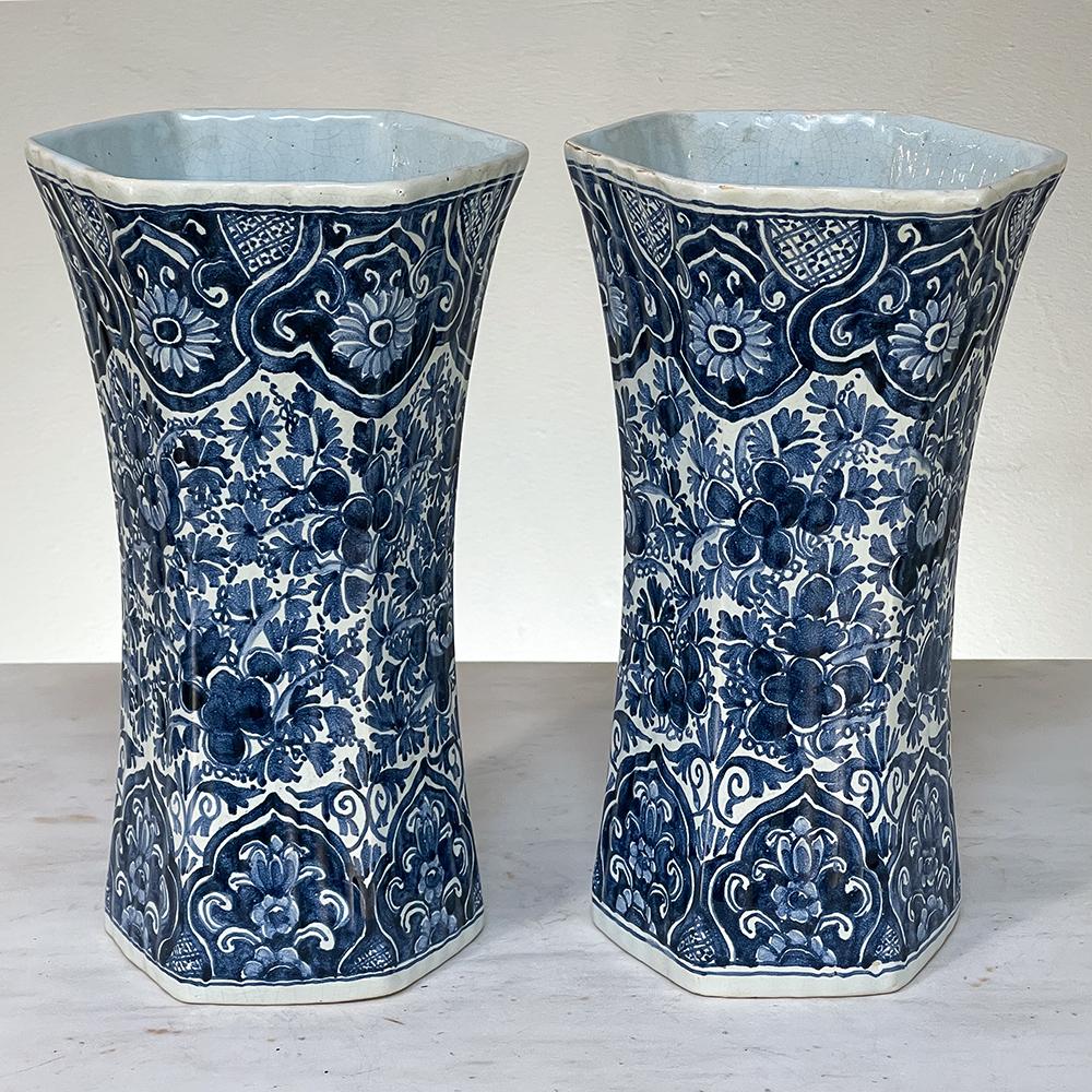 Dutch Pair 19th Century Delft Hand-Painted Blue & White Vases For Sale