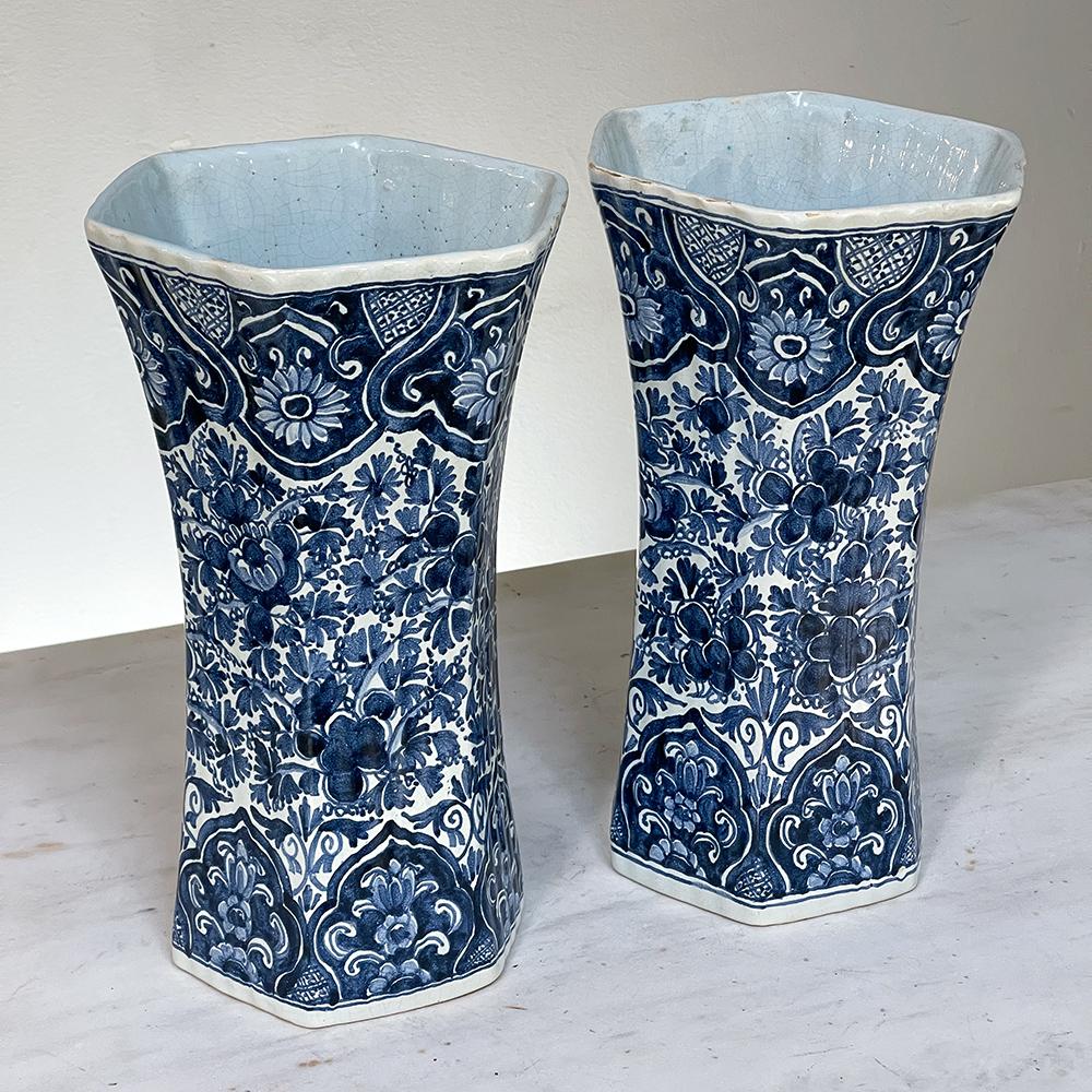 Ceramic Pair 19th Century Delft Hand-Painted Blue & White Vases For Sale
