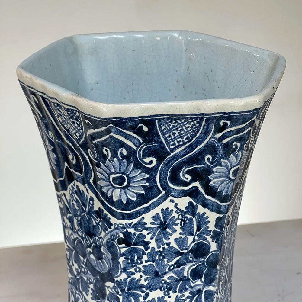 Ceramic Pair 19th Century Delft Hand-Painted Blue & White Vases For Sale