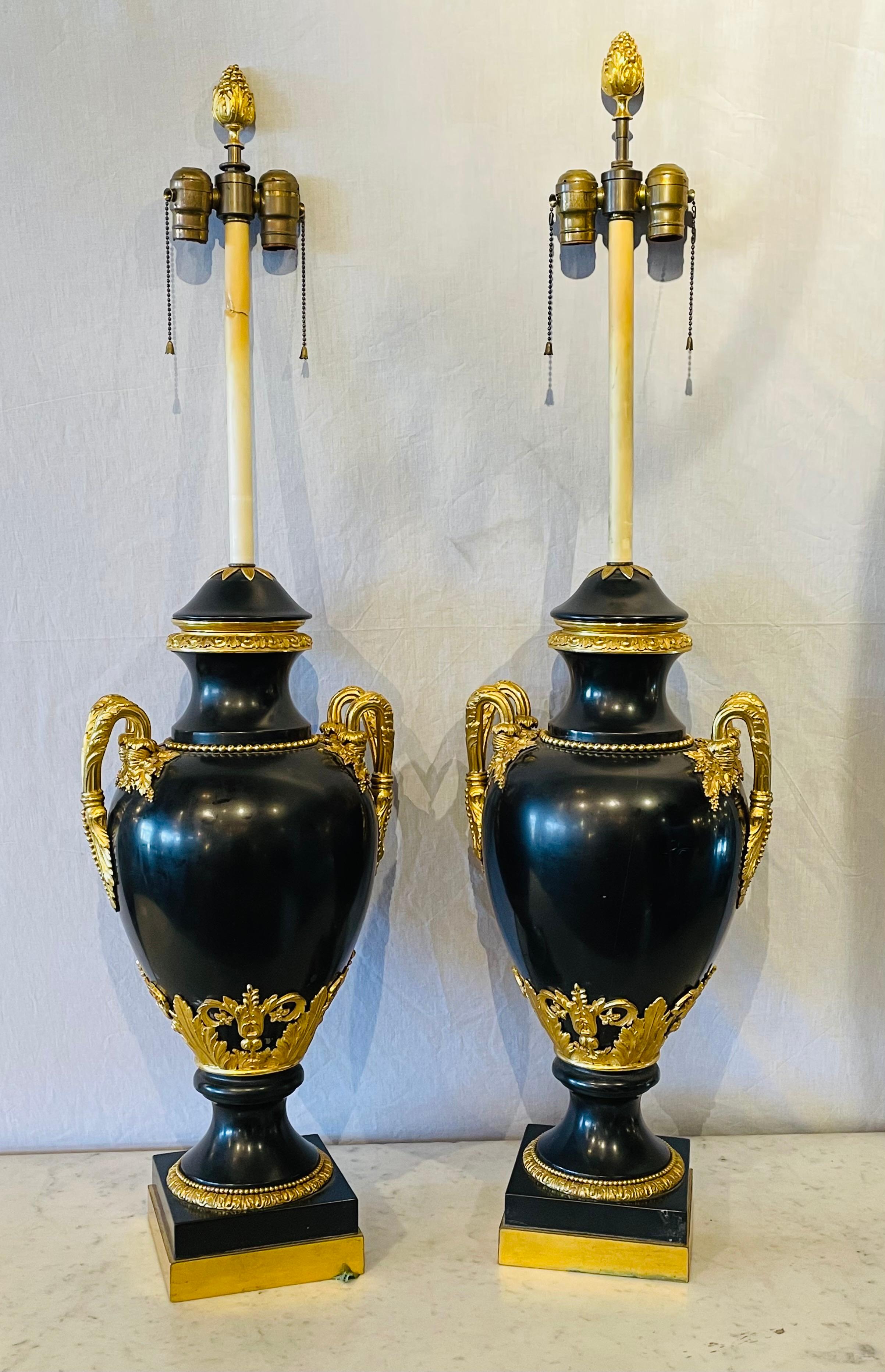 Belle Époque Pair of 19th Century Doré and Black Marble Table Lamps or Urns